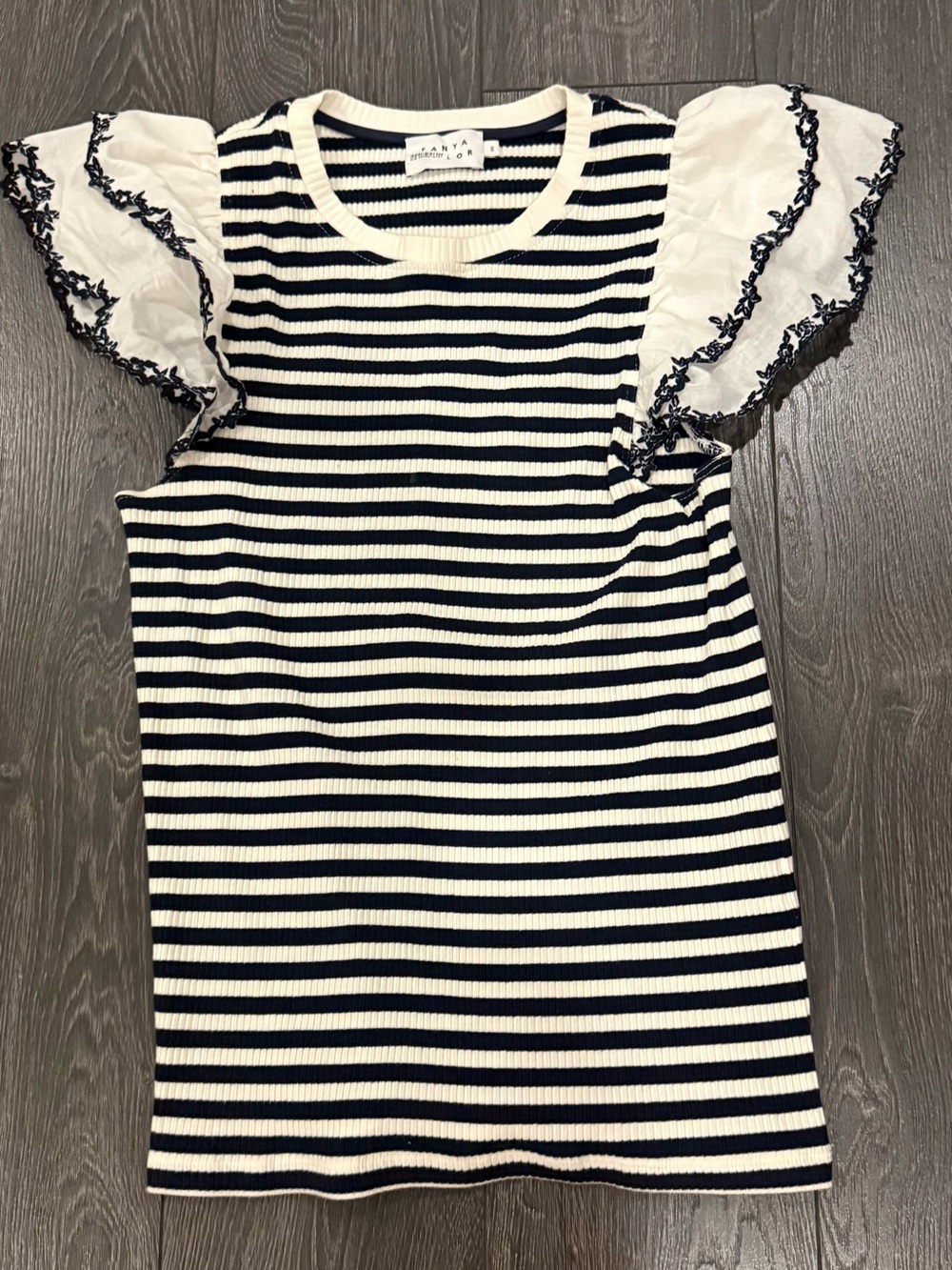 Tanya Taylor Navy & White Striped Top with Ruffle Sleeves